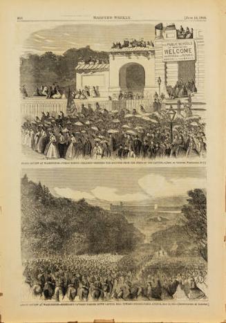 Top: Grand Review at Washington - Public School Children Greeting the Soldiers from the Steps of the Capital
Bottom: Grand Review at Washington - Sheridan's Cavalry Passing Down Capital Hill Toward Pennsylvania Avenue, May 23, 1865
published by Harper's Weekly, June 10, 1865