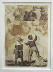 Untitled (two children drawing on a fence)