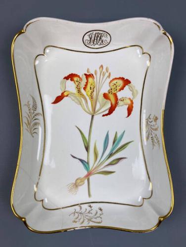 Platter with Lilium Catesbaei Catesby's Lily from a botanical illustration by Sydenham Edwards from William Curtis' "Botanical Magazine" 1794 and gold cipher of JMK for John McKinne of Augusta, Georgia