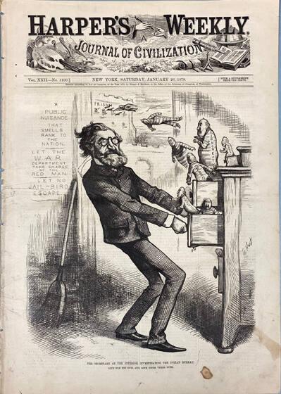 The Secretary of the Interior Investigating the Indian Bureau (from Harper's Weekly, January 26, 1878)