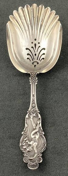 Nut spoon, Dancing Bacchante pattern based on sculpture by Frederick William MacMonnies