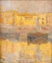 Vue de village au bord de l'eau, au coucher de soleil