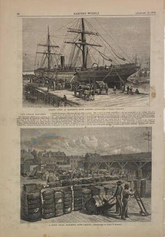 Loading Cotton at Charleston, South Carolina; A Cotton Wharf, Charleston, South Carolina, from Harper's Weekly