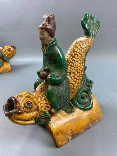 Roof Tile with Figure Riding a Carp
