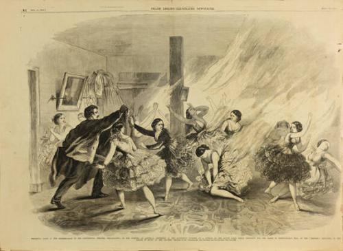 Frightful Scene in the Dressing-Room of the Continental Theatre, Philadelphia, On the Evening of Saturday, September 14, 1861 - Accidental Burning of a portion of the Ballet Corps While Preparing for the Dance in Shakespeare's Play of the '"Tempest," Resulting in the Death of Seven of the Dancers
published in Frank Leslie's Illustrated Newspaper, September 28, 1861