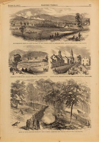 Top: Boonesborough, Maryland, South Mountain in the Distance-Scene of Burnside's Fight
Middle Left: Sugarloaf Mountain, MD
Middle Right: Middleton, MD, Near South Mountain
Bottom: Battle of South Mountain-Franklin's Corps Storming Crampton's Pass
Verso: Map of Kentucky, Showing the Theatre of the Contest between General's Buell and Bragg
published by Harper's Weekly, October 25, 1862