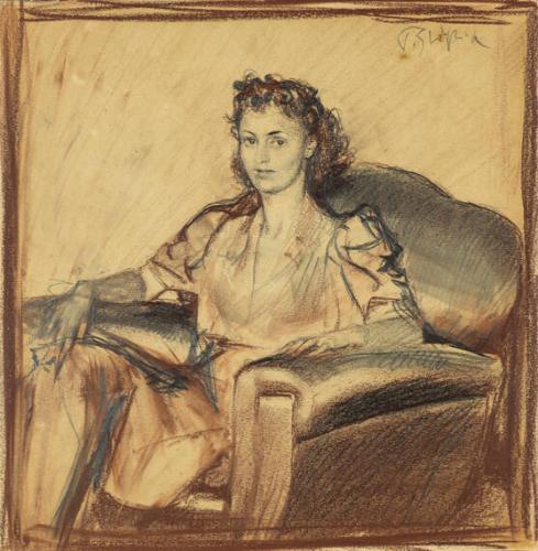 Untitled drawing of woman in upholstered chair