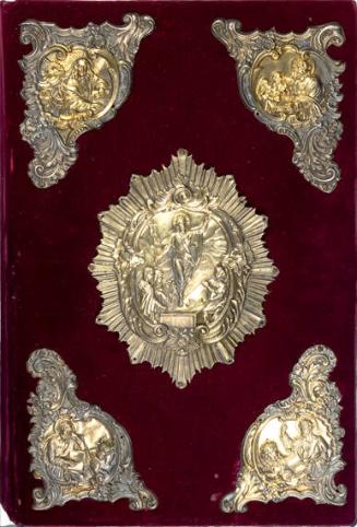 Altar Gospel Book bound in red silk velvet and adorned with silver reliefs of Christ and the Four Evangelists