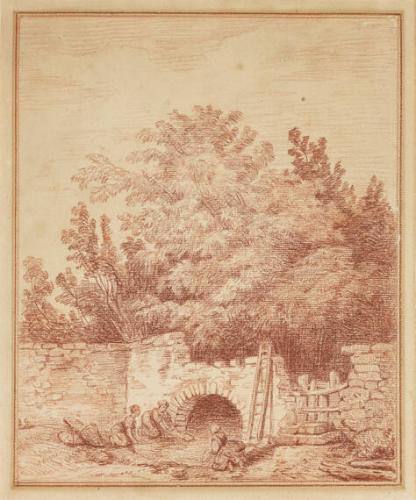 Classical landscape with a bridge and figures at stream