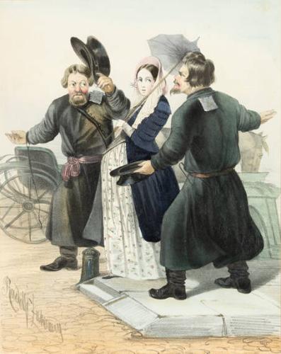 Two Coachmen Competing for a Lady's Fare