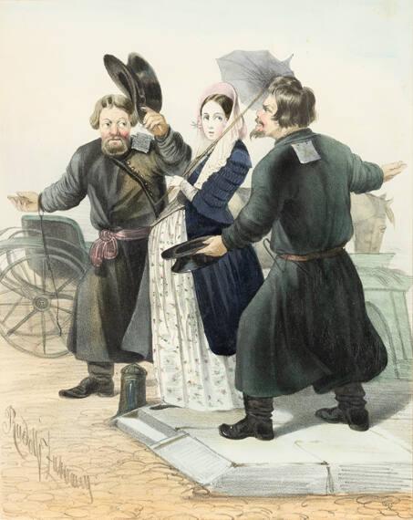 Two Coachmen Competing for a Lady's Fare