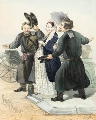 Two Coachmen Competing for a Lady's Fare