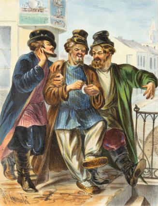 Three Porters Admiring a Miniature Portrait in Front of a Tea Room