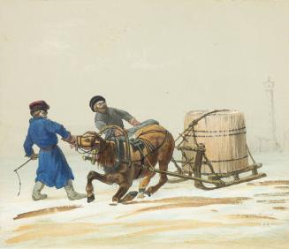 untitled (Two men coercing horse to pull sled with large barrel)