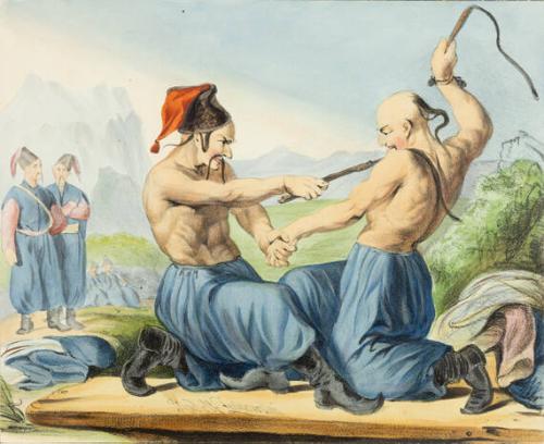 untitled (Two men wrestling as two men watch)