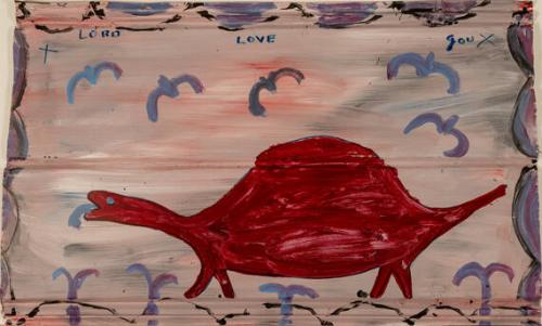 Red Dinosaur with Sunset Sky
