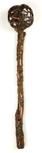 Chinese Ruyi Staff with Bamboo Carved Motif, and Cats Climbing Up Stalk