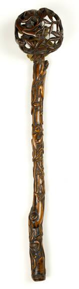 Chinese Ruyi Staff with Bamboo Carved Motif, and Cats Climbing Up Stalk