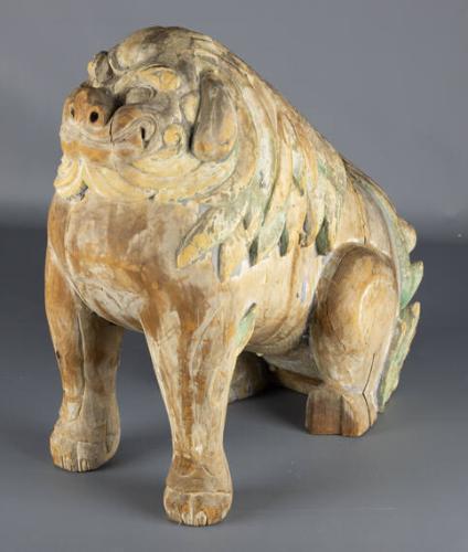 Open-Mouthed Male Dog from Pair of Japanese Pine Wood Seated Foo Dog Lions with Fat Bodies (Koma Inu)