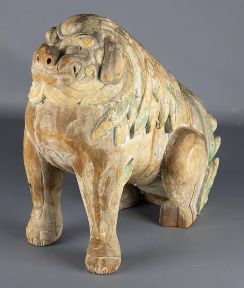 Open-Mouthed Male Dog from Pair of Japanese Pine Wood Seated Foo Dog Lions with Fat Bodies (Koma Inu)