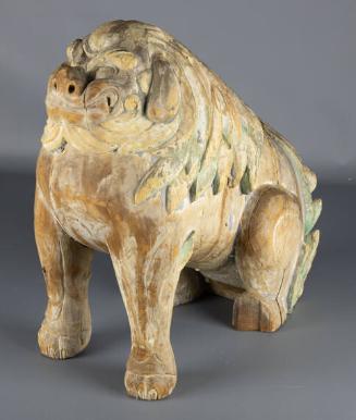 Pair of Japanese Pine Wood Seated Foo Dog Lions with Fat Bodies (Koma Inu)