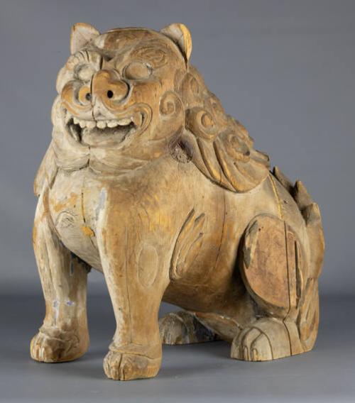 Closed-Mouth Female Dog from Pair of Japanese Pine Wood Seated Foo Dog Lions with Fat Bodies (Koma Inu)