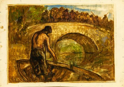 Title Unknown (Man in boat by bridge)