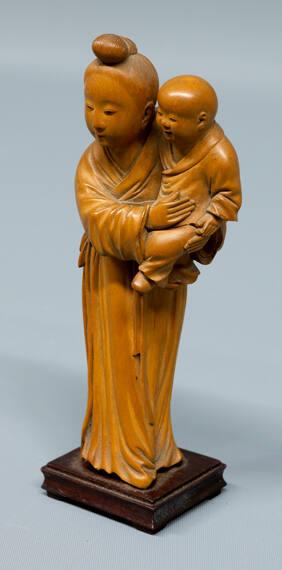 Chinese Wooden Statue of Standing Woman Holding a Boy Child in Left Arm