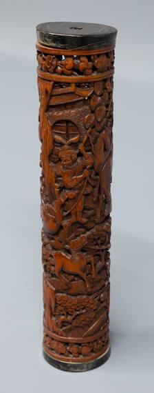 Chinese Pierced Conical Incensor Tube Carved with Continuous Composition of Trees, Horses, Persons; Horn Bottom and Top