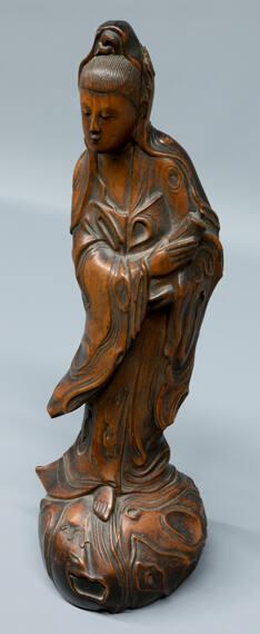 Chinese Wood Carving of Guanyn on Ball Holding Sutre in Hand