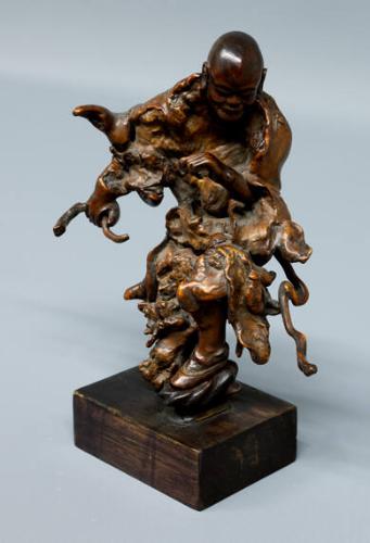 Chinese Burled Wood Carving of Shou-hsing with Flowing Robes, Bald, with Crooked Staff