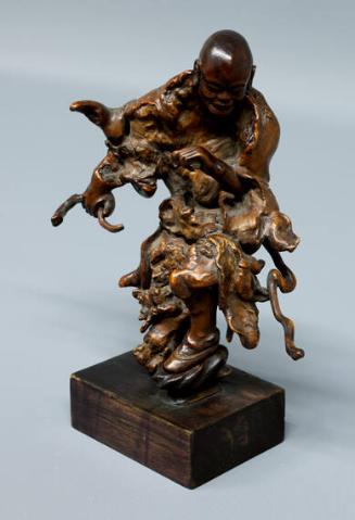 Chinese Burled Wood Carving of Shou-hsing with Flowing Robes, Bald, with Crooked Staff