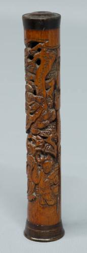 Chinese Pierced Bamboo Carved Conical Incensor with Continuous Composition of Figural and Pine Tree Design