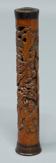 Chinese Pierced Bamboo Carved Conical Incensor with Continuous Composition of Figural and Pine Tree Design