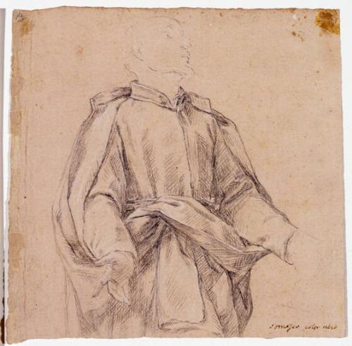 A cleric with arms held wide, facing right