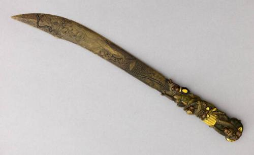Japanese Letter Opener with Gold Monkeys on Handle, Incised Blade