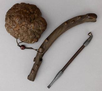 Japanese Burled Lidded Tobacco Container, with Knotted Branch Pipe-Pouch and Wood Pipe