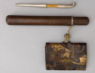 Japanese Woven Pipe Container of Basket Weave, Silver Inlaid Pipe, Tooled Leather Pouch with Person in Boat, Dragon Mount, and Ivory Bead Ojime