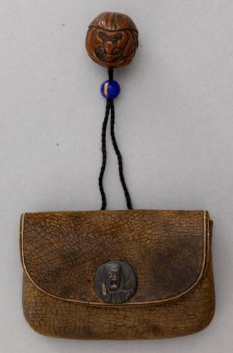 Japanese Tobacco Leather Bag, Bronze Clasp of Man with Mouth Open, 1" Seed Netsuke Carved with Daruma