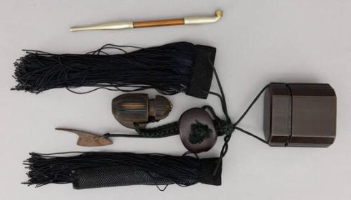 Japanese Pipe and Square Container with Attached Pipe Pouch, Brown Decoration, and Decorative String