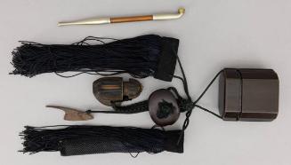Japanese Pipe and Square Container with Attached Pipe Pouch, Brown Decoration, and Decorative String