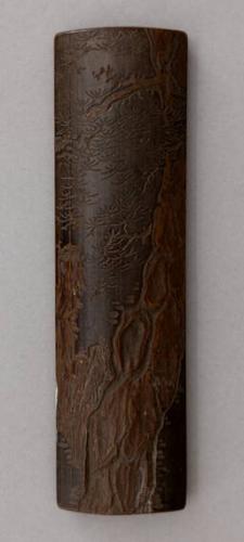 Japanese Bamboo Panel Carved Wrist Rest with Knarled Pine Tree Trunk