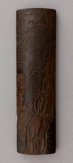 Japanese Bamboo Panel Carved Wrist Rest with Knarled Pine Tree Trunk