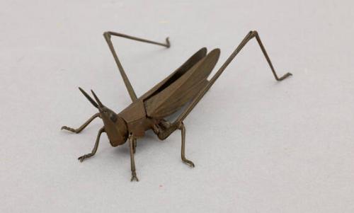 Japanese Okimono of Articulated Bronze Grasshopper, Chiseled and Assembled