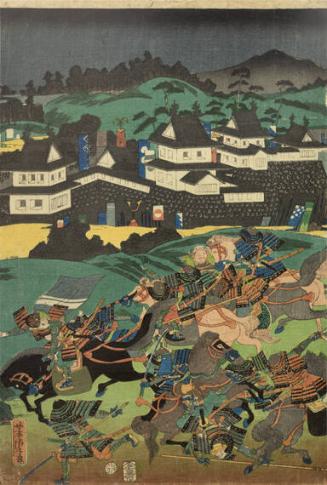 Japanese Triptych Depicting Samurai in Kumumoto Castle