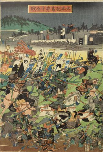 Japanese Triptych Depicting Samurai in Kumumoto Castle