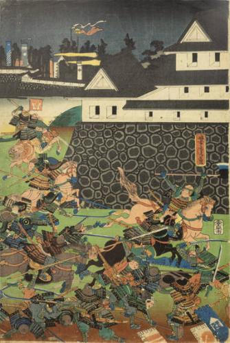 Japanese Triptych Depicting Samurai in Kumumoto Castle