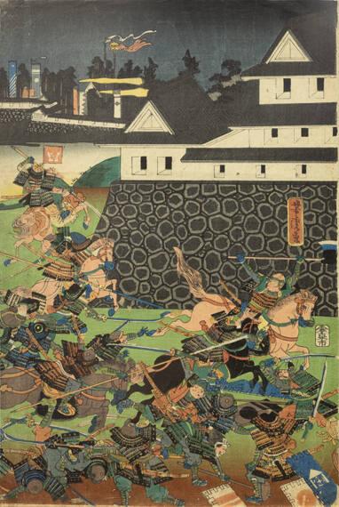 Japanese Triptych Depicting Samurai in Kumumoto Castle