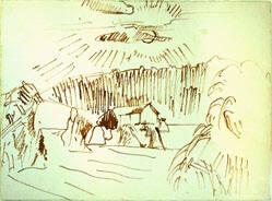 untitled (Rockbridge Baths sketch with haystacks and barn)
