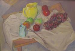 Yellow Pitcher,  Apples, and Grapes